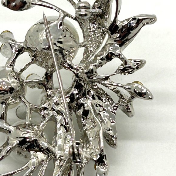 Faux Pearl & Rhinestone Brooch Silver-tone Floral Pin Glam Elegant - Picture 12 of 15